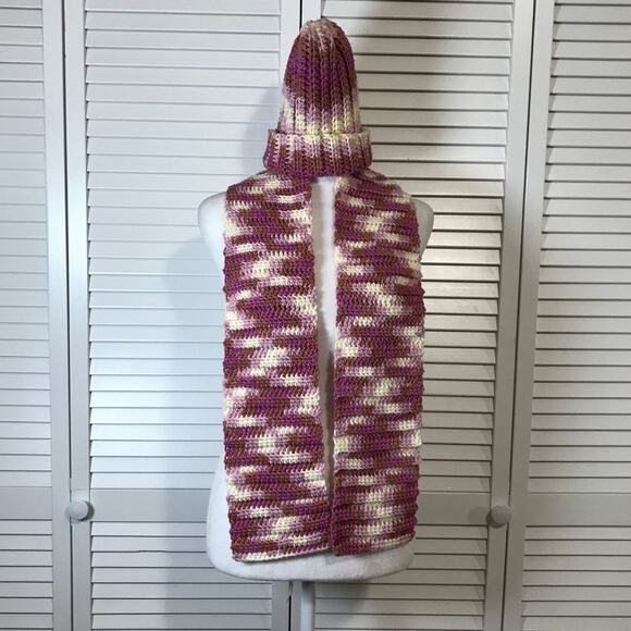 NWT Handmade Crocheted Pink Cream Textured Beanie & Scarf 54” - Picture 1 of 4